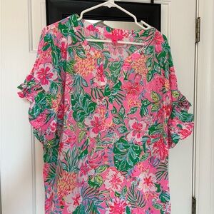 LILLY PULITZER QUINNA SHORT SLEEVE TOP MULTI JOURNEY TO THE JUNGLE SZ XL EUC